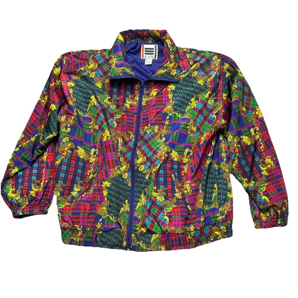 EVR Women's Multicolor Floral Plaid Baroque Lightweight Jacket Size L Polyester
